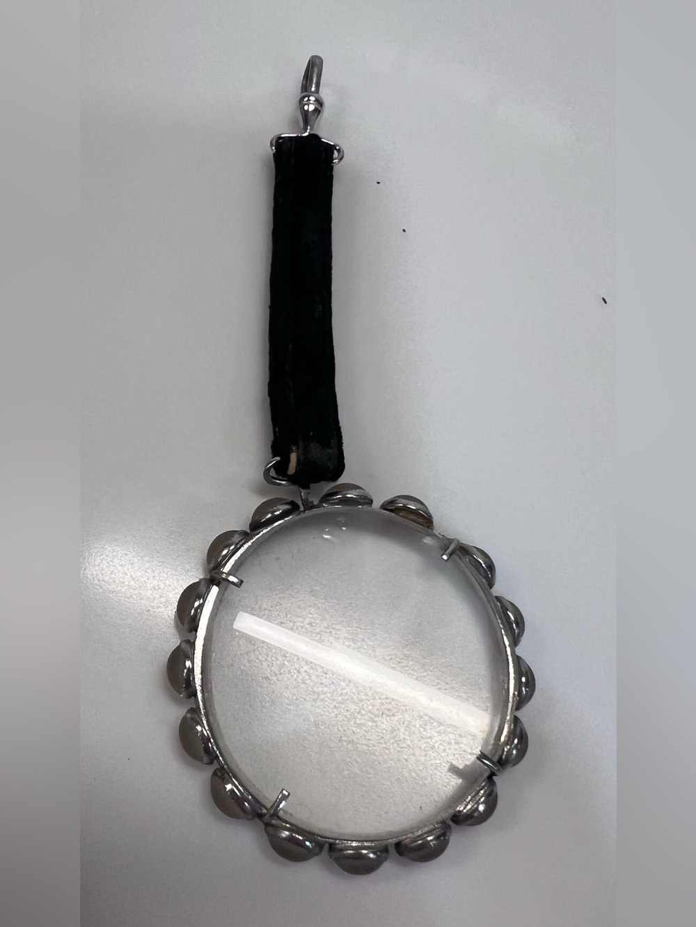 Vintage Chatelaine Magnifying Glass Silver Button Black Velvet Strap And Clasp